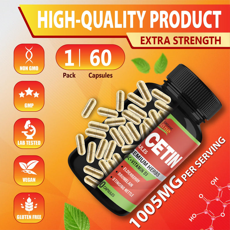 Organic Cadane Quercetin Extract Capsules - Combined with VitC, Zn.C, VitD3, Elderberry, Bromelain, Nettle, Ginger, Echinacea, Garlic, Pepper - 60 Capsules