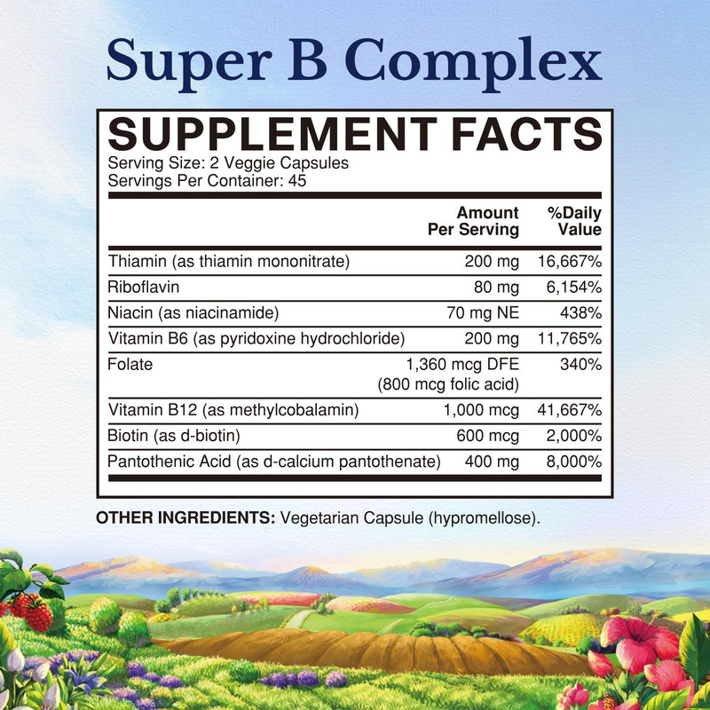 Vitalitown Vitamin B Complex Capsule for Women and Men, Tissue-Ready All 8 B Vitamins, Folic Acid Biotin B1 B2 B3 B6 B12, Healthy Cellular Energy Metabolism & Nervous System Support, 90 Capsules
