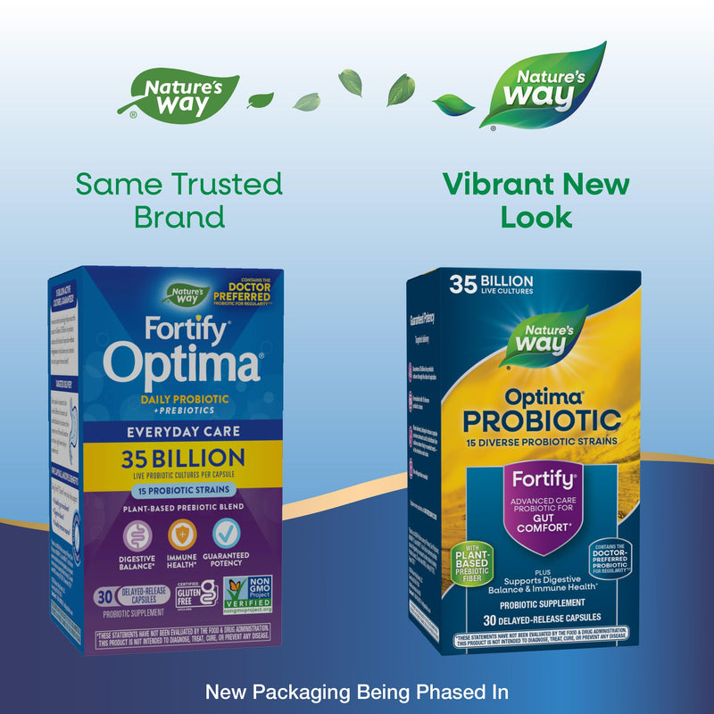 Nature's Way Fortify Optima Probiotic for Adults, 35 Billion Cultures, 15 Strains, Supports Digestive Balance and Immune Health*, No Refrigeration Required, 30 Capsules (Packaging May Vary) - 2 Pack 60 Count (Pack of 1)