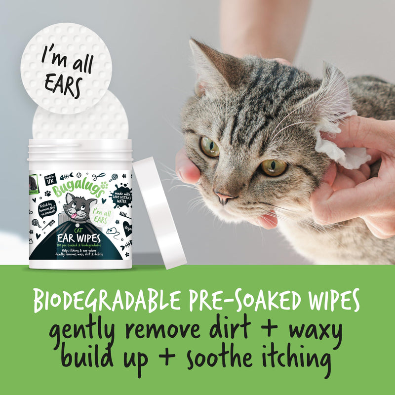 BUGALUGS Cat Ear Cleaner Cat Wipes 100 Biodegradable textured pre-soaked cat ear wipes. Pet Wipes Cat Ear Cleaner Solution Stops Head Shaking, Itching & Waxy Ears (100 Wipes)