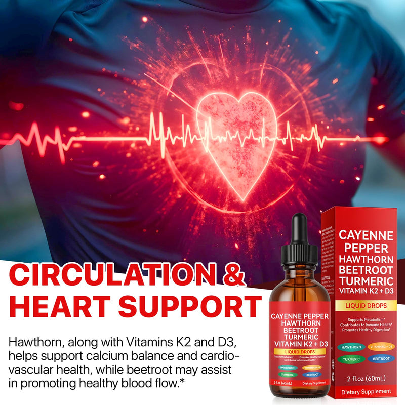 Cayenne Pepper Drops, 60ml Cayenne Pepper Supplement for Digestion, Circulatory Heath Support, Boosts Metabolism, with Hawthorn, Vitamin K2 D3 Beet Root, Turmeric-2 Fl Oz