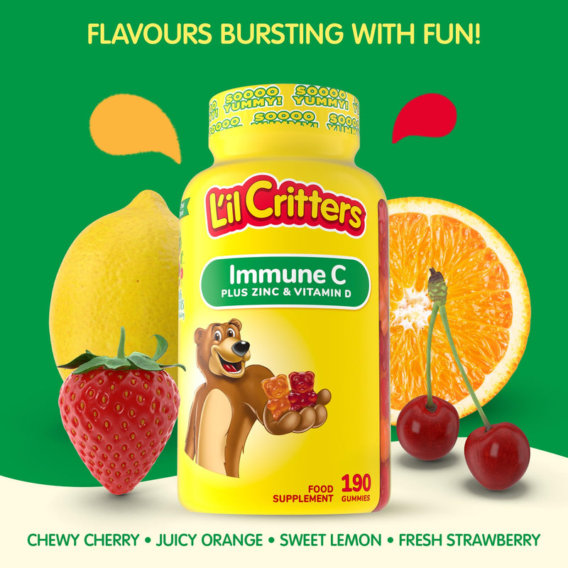 L'il Critters Kids Immune C Gummy Supplement with Vitamin C, Zinc and Vitamin D3 for Immune Support, 190 ct (95-190 day supply), 4 delicious flavors from America’s Number One Gummy Vitamin Brand