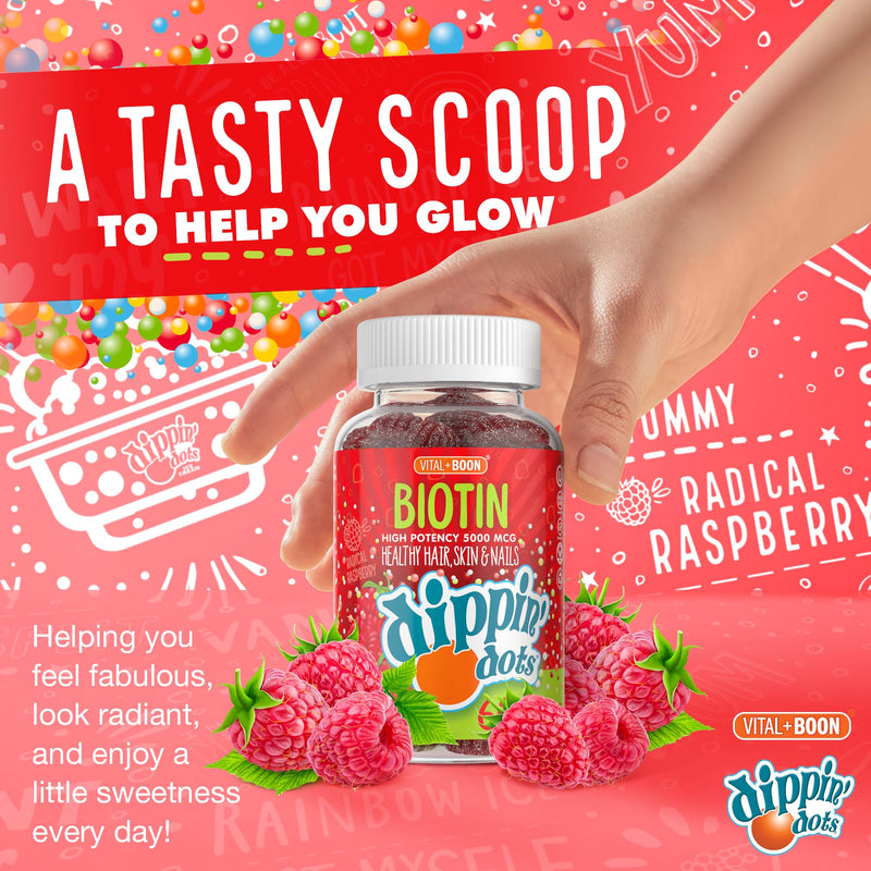 Dippin' Dots Hair Skin and Nails Vitamins, Biotin 5000mcg (60 Day, 2 Pack) | Raspberry biotin gummies support hair growth, hair vitamins for women & healthy nails; gluten free, Non-GMO, 2-pack. 60 Count (Pack of 2)