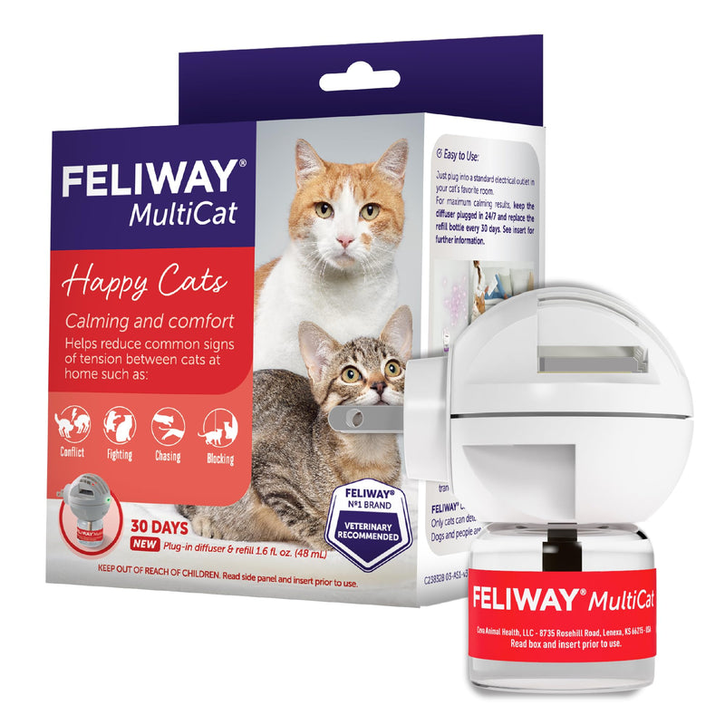 FELIWAY MultiCat 30 Day Cat Calming Plug In Pheromone Diffuser Starter Kit, 48ml - Helps Reduce Conflicts and Signs of Tension in Multi-Cat Households 1.62 Fl Oz (Pack of 1) Clear