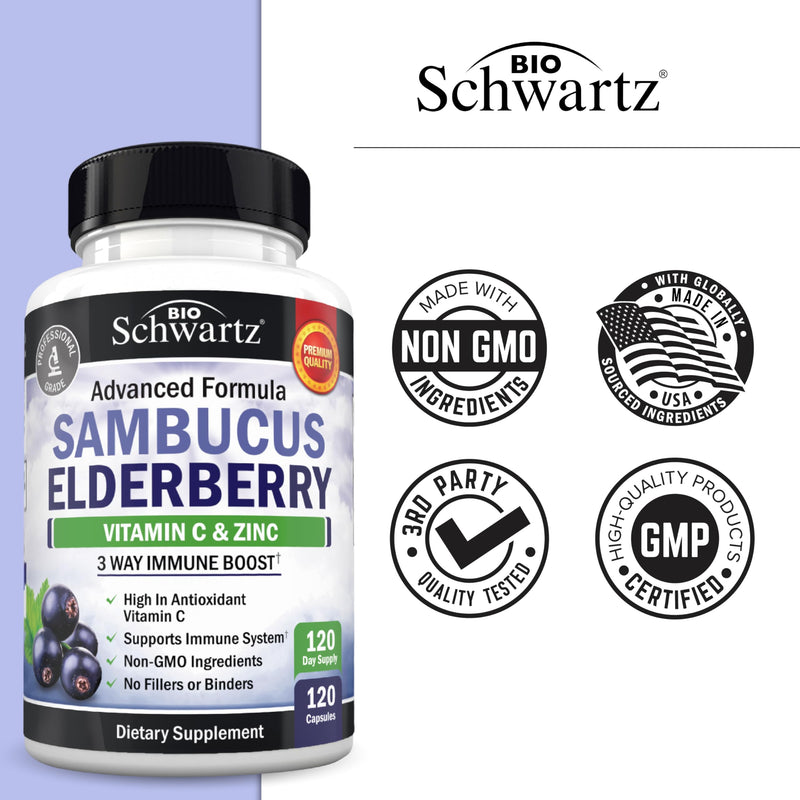 Elderberry Capsules with Zinc and Vitamin C for Adults, 120 Count | Immune Support Supplement for Women and Men, Black Sambucus Elderberry with Vitamin C and Zinc, Immune Defense Multiminerals 120 Count (Pack of 1)