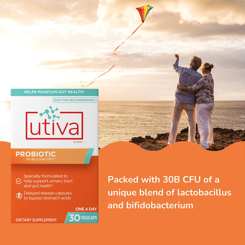Szio+ Utiva Probiotic 30B CFU, Urinary Tract and Gut Health, 30 Capsules | Lactobacillus and Bifidobacterium strains, digestion support and gut flora balance for adults
