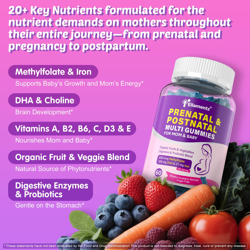 Prenatal Vitamins for Women Gummies + Methylfolate, DHA & Iron, Vegan,120Ct | w/ Omega-3, Organic Food Blend, Choline, Vitamin D3 B6 B12 - Multivitamin for Women Before, During & Post Pregnancy, 0g Sugar 60 Count (Pack of 2)