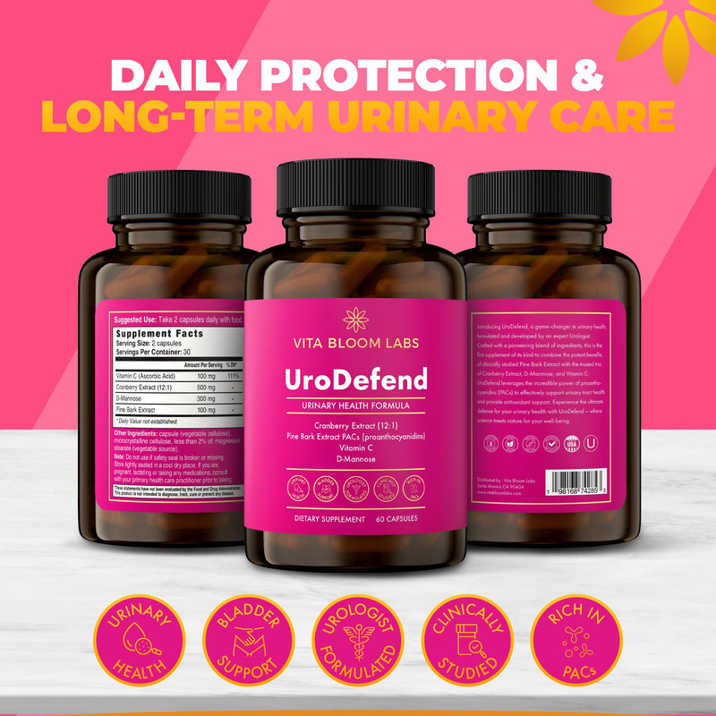UroDefend UTI Protection Formula | Cranberry PACs | Physician Formulated | Additive Free + Gluten Free | Cranberry Extract, Pine Bark Extract, D Mannose, Vitamin C | 60 Capsules