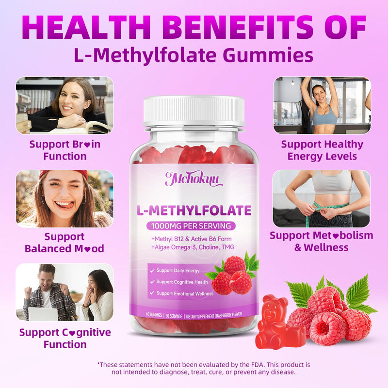 L-Methylfolate (5-MTHF) Gummies 1000mcg, Active Folate Supplement for Men & Women with Methyl B12, Choline, TMG & Omega-3, Sugar Free Vegan Raspberry, 60 Count 60 Count (Pack of 1)