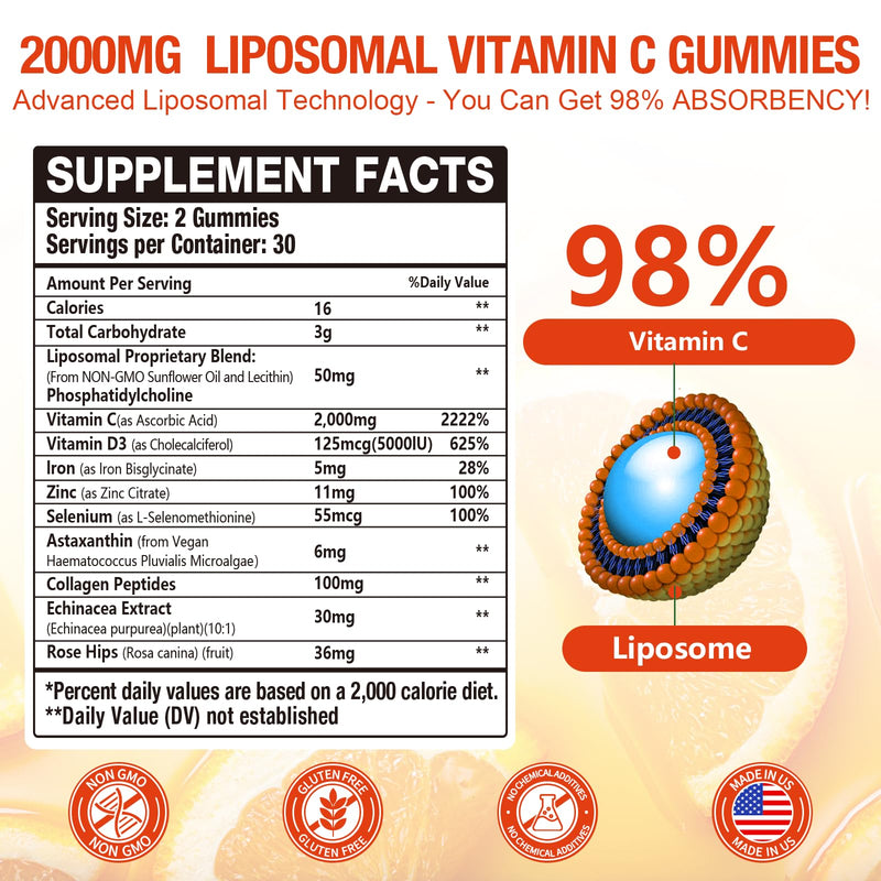 1 Pack Liposomal Vitamin C 2000mg Gummies Complex Rose Hips with D3 5000IU,Elderberry Echinacea,Iron & Zinc for Adults Kids Immune,Antioxidant & Collagen Support,Orange Flavor, 60Count Orange 60 Count (Pack of 1)