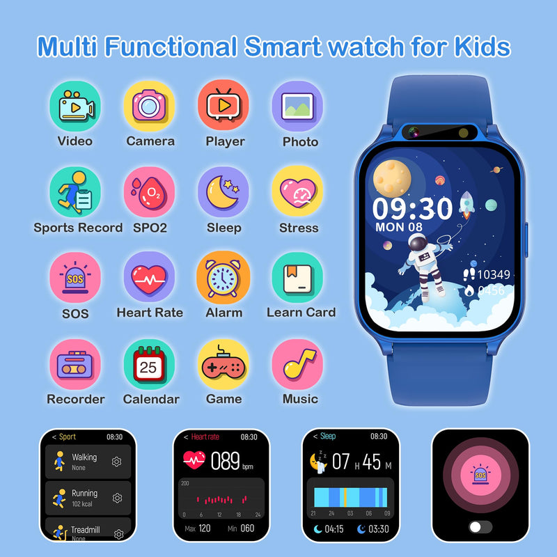 Kids Smart Watch Boys 1.85" with Fitness Tracker No APP/Phone, IP68 Waterproof Sport Modes, Heart Rate/Sleep Monitor, Video Music HD Camera DIY Dial Pedometer Game, Gifts Toys for 4-13 Year Old Blue