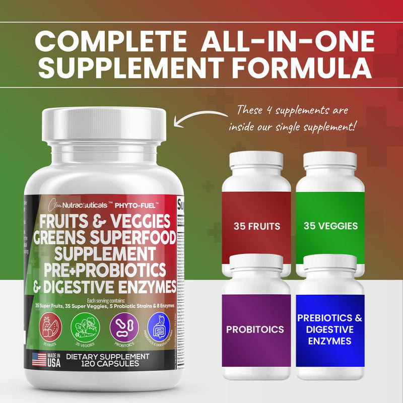 Clean Nutraceuticals Fruits and Veggies Supplement Reds & Green Superfood - Balance of Over 70 Fruit & Vegetable Supplements Capsules with Probiotics Prebiotics Digestive Enzymes - 120 Ct USA 1 - BeesActive Australia