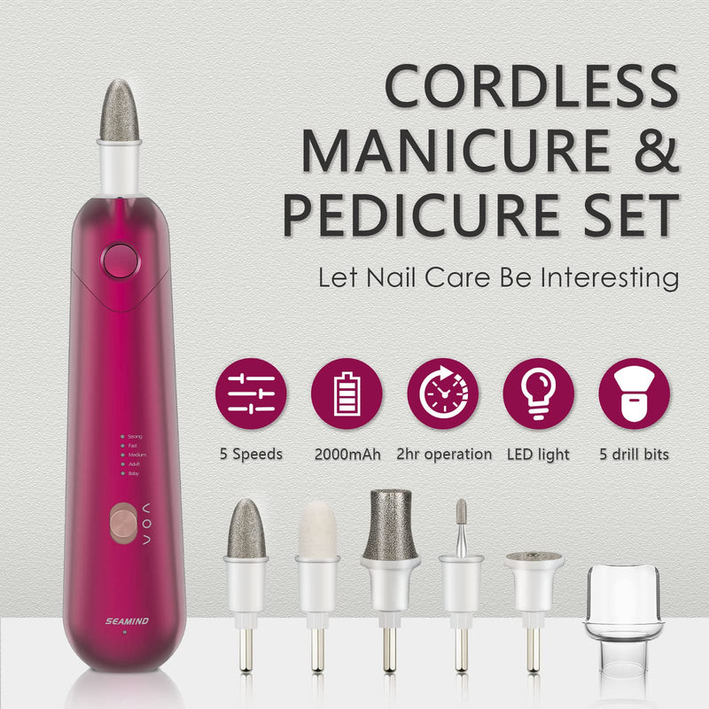 Professional Manicure Pedicure Set - Cordless Electric Foot Nail Care Trimmer Buffer Tools - 5 Speeds, Rechargeable, Thick Nails (Red) Red - BeesActive Australia