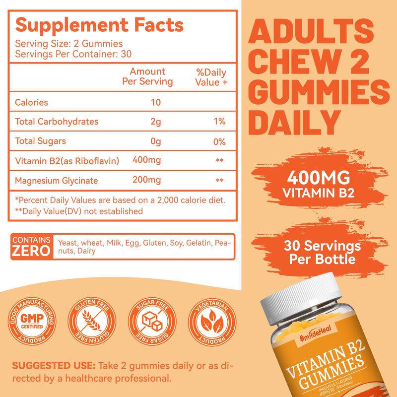 Vitamin B2 Gummies - Riboflavin 400mg with Magnesium for Adults -120 Gummy | B2 Gummies for Migraine Relief* & Nervous System Support* - Vegan Chewable Gummies (60 Day Supply) 60 Count (Pack of 2)