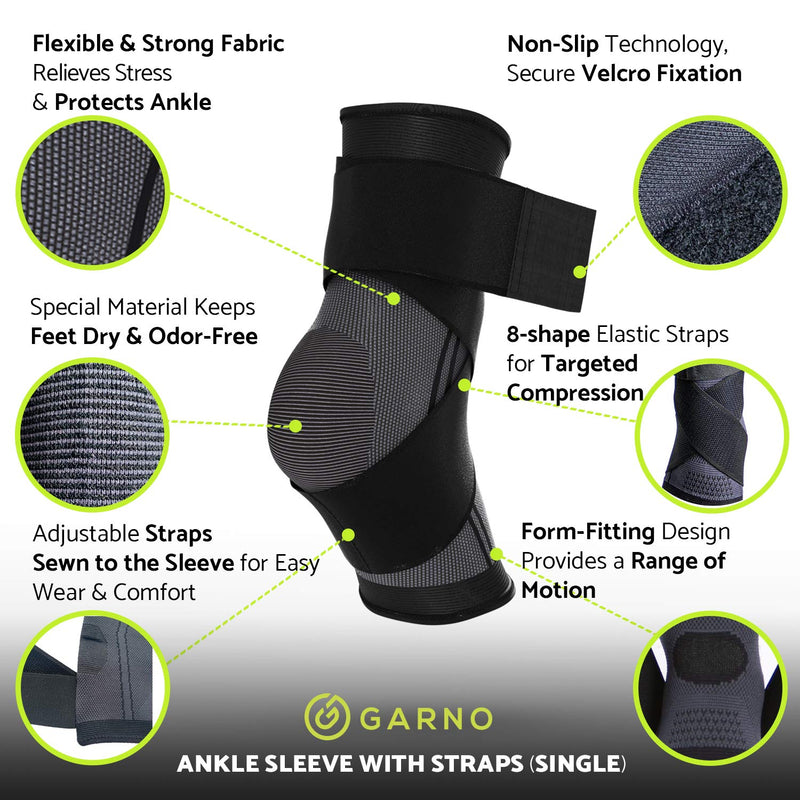 GARNO Ankle Brace – Compression Foot Sleeve with Adjustable Straps for Men & Women, Plantar Fasciitis & Achilles Support, Heel & Arch Pain Relief, Swelling & Injury Recovery, Protection for Sports, Running & Basketball (One Size Fits Most, Black) - BeesActive Australia