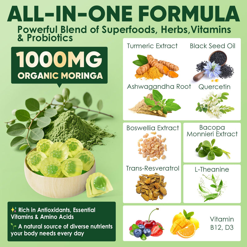 Moringa Gummies 1000mg for Women & Men Sugar-Free, 13-in-1 Superfood with Turmeric, Ashwagandha, Trans-Resveratrol, VB12 D3, Pure Moringa Leaf Supplement for Energy, Immune, Skin,Antioxidant, 2Pack 60 Count (Pack of 2)