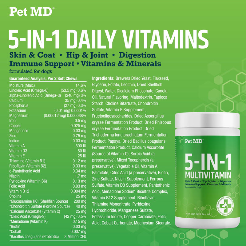 Pet MD 5in1 Dog Multivitamin - 30 Essential Vitamins, Minerals & Nutrients for Skin & Coat, Hip & Joint, Digestion, Senior Dog & Puppy Vitamins - Glucosamine, Omega 3 6 9, & Probiotics - 60ct 60 ct
