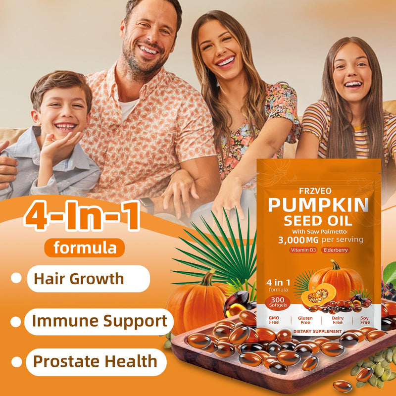 300 Capsules Cold Pressed Pumpkin Seed Oil with Saw Palmetto, Vitamin D3 & Elderberry – Virgin Oil, Supports Prostate, Hair & Urinary Health (Aceite de Semilla de Calabaza)