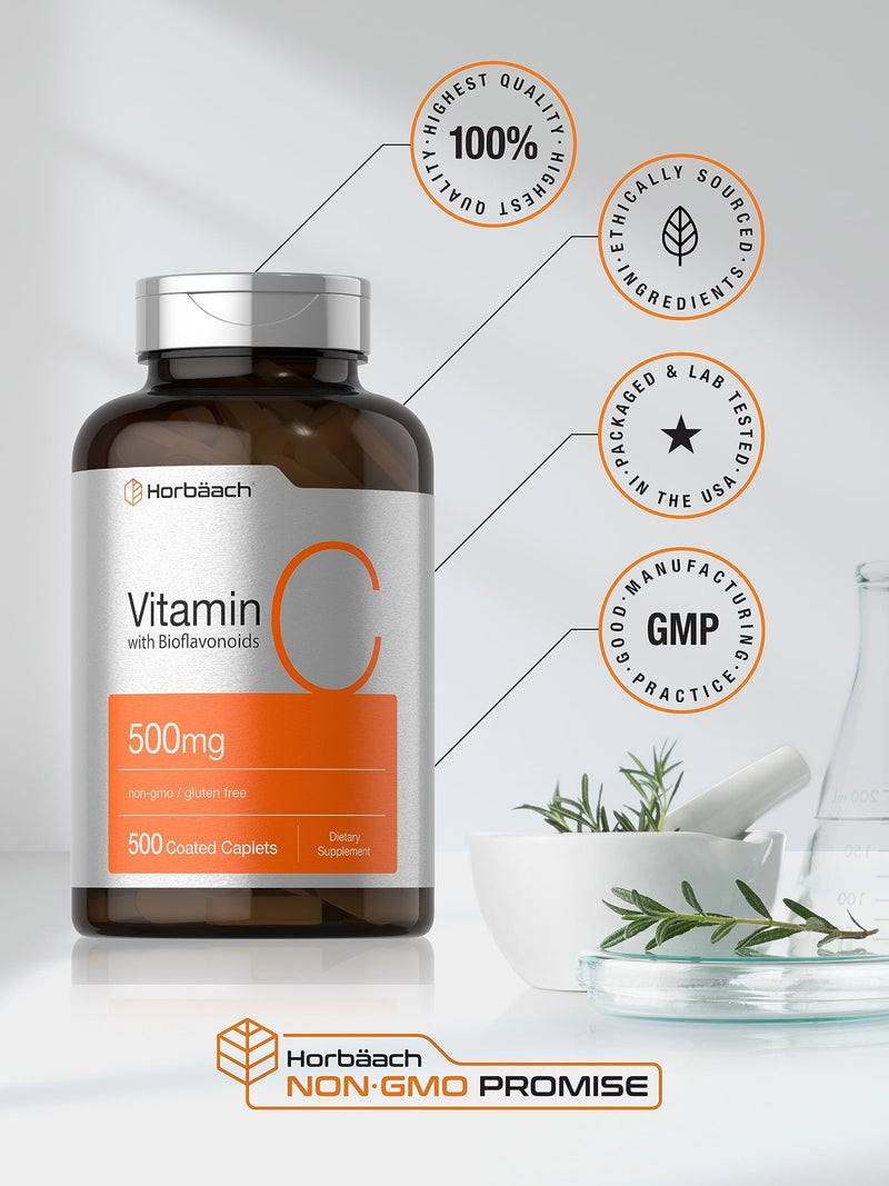 Horbäach Vitamin C 500mg | 500 Caplets | with Bioflavonoids and Rose Hips | Supplement for Women and Men | Vegetarian, Non-GMO, and Gluten Free