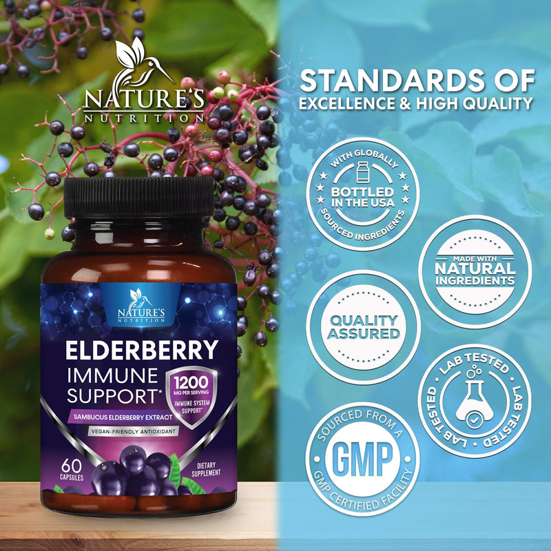 European Elderberry Fruit Extract 1200mg Per Serving Capsules - Sambucus Immune Support with Concentrated Sambucus Black Elderberry Extract, Antioxidant Vitamin Supplement, USA Bottled - 60 Capsules 60 Count (Pack of 1)