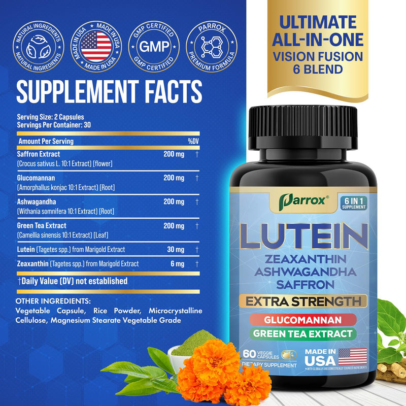 Lutein & Zeaxanthin Eye Vitamins for Adults, Vision Support, 60 Capsules | Vision Health Support with Ashwagandha, Saffron, Green Tea Extract & Glucomannan, Plant-Based Formula 60 Count (Pack of 1)