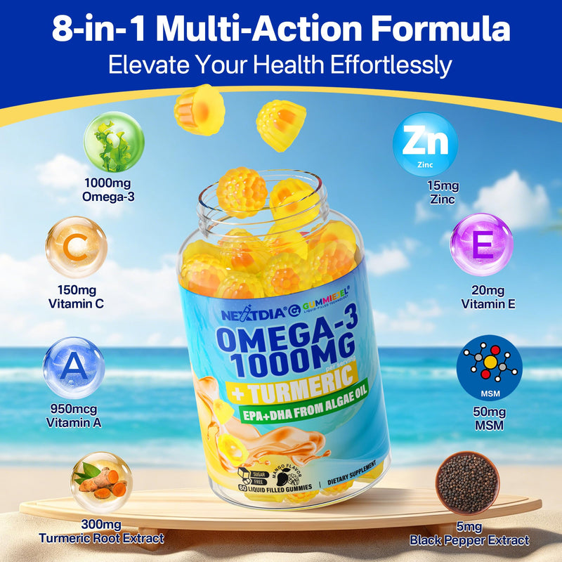 Omega-3 Gummies 1000mg + Turmeric, Fish Oil Alternative No Fish Taste 120Ct | Burpless Algae DHA 600mg + EPA 300mg(3:1), Vegan Sugar Free Omega 3 Fatty Acids for Women Men Adults, Vitamins A C E Zinc MSM 60 Count (Pack of 2)