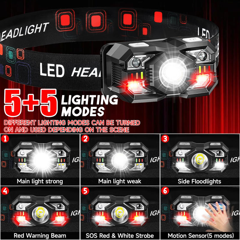 Headlamp Rechargeable 6Pack, 3000 Lumen Ultra-Light Bright Headlamp Flashlight with White Red Light, LED Headlight Motion Sensor, 5+5 Mode for Outdoor Camping Fishing Running Hiking (6) 6