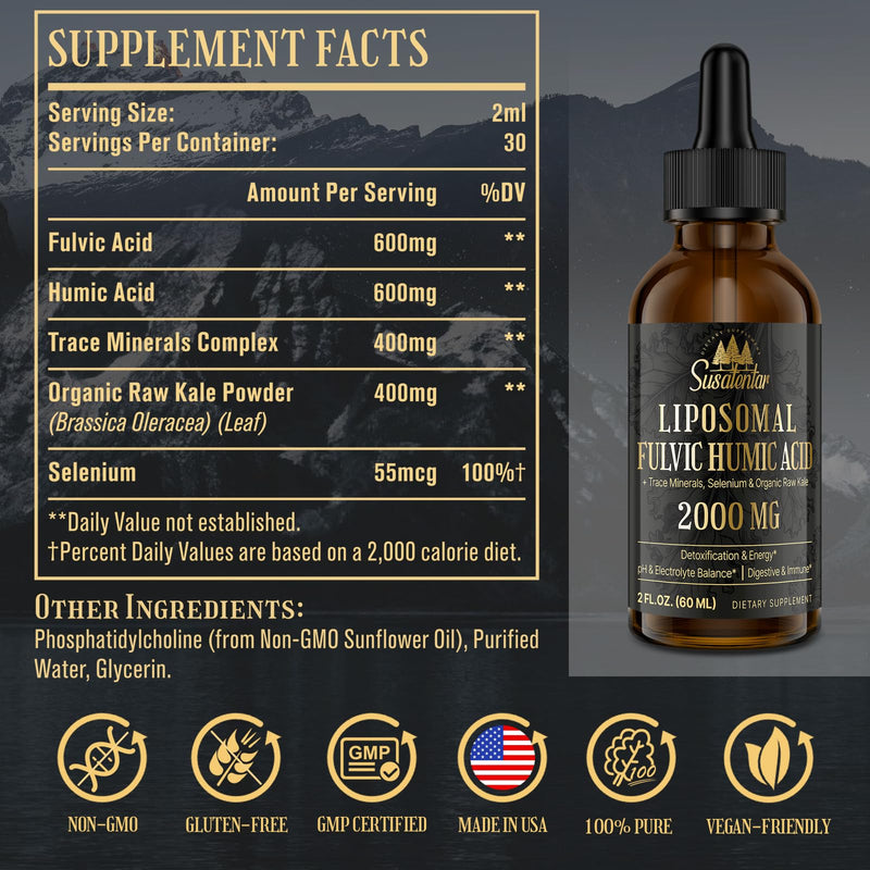 Trace Minerals Electrolytes Drops 2000 MG | Liquid Liposomal Fulvic Acid Supplement | Humic | Trace Mineral Selenium | Organic Raw Kale | Hydration | Energy | pH Balance | Digestion | Immunity | 2 Oz 2 Fl Oz (Pack of 1) - BeesActive Australia