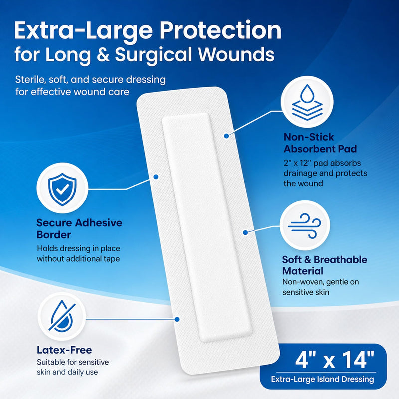 Island Wound Dressing for Long Incisions, Extra Large Wound Dressing with Adhesive Border, Surgical Gauze Pads, 4x14 Inch, 25 Count 4" x 14" (Box of 25)