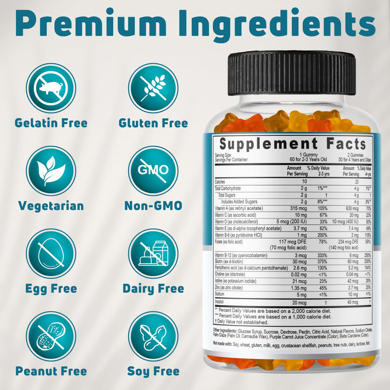 Kids Multivitamin Gummies, 30-60 Day Supply with 14 Essential Kids Vitamins & Minerals. Toddler Vitamins for Overall Wellness. Non-GMO, Gelatin-Free, Gluten-Free, Vegetarian Children Vitamin