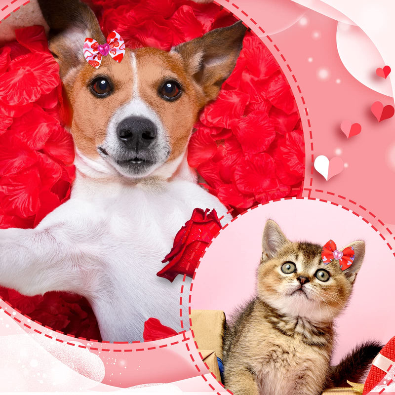 Tondiamo 100 Pack Valentine's Day Dog Hair Bows with Rubber Bands Valentine's Day Puppy Bows Rhinestone Pet Hair Accessories Dog Bows Grooming for Small Girl Dogs (Heart Pattern) Heart Pattern - BeesActive Australia