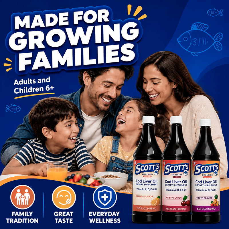SCOTT'S EMULSION Cod Liver Oil Liquid for Kids – Fruits Flavor – Supports Growth, Immunity & Bone Health – Rich in Omega 3 & Vitamins A+D – Easy-to-Take Fish Oil – 6.5 Fl Oz Fruit Punch 6.5 Fl Oz (Pack of 1)