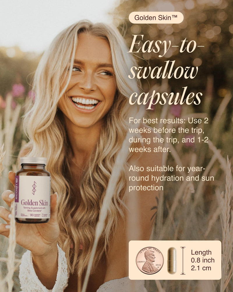 Golden Skin Tanning Supplement for Women & Men ‚Äì Potent Tanning Pills with Beta Carotene, Lutein & L-Tyrosine for Skin Health | Natural Antioxidant Supplement & Tanning Vitamins | 180 Vegan Capsules