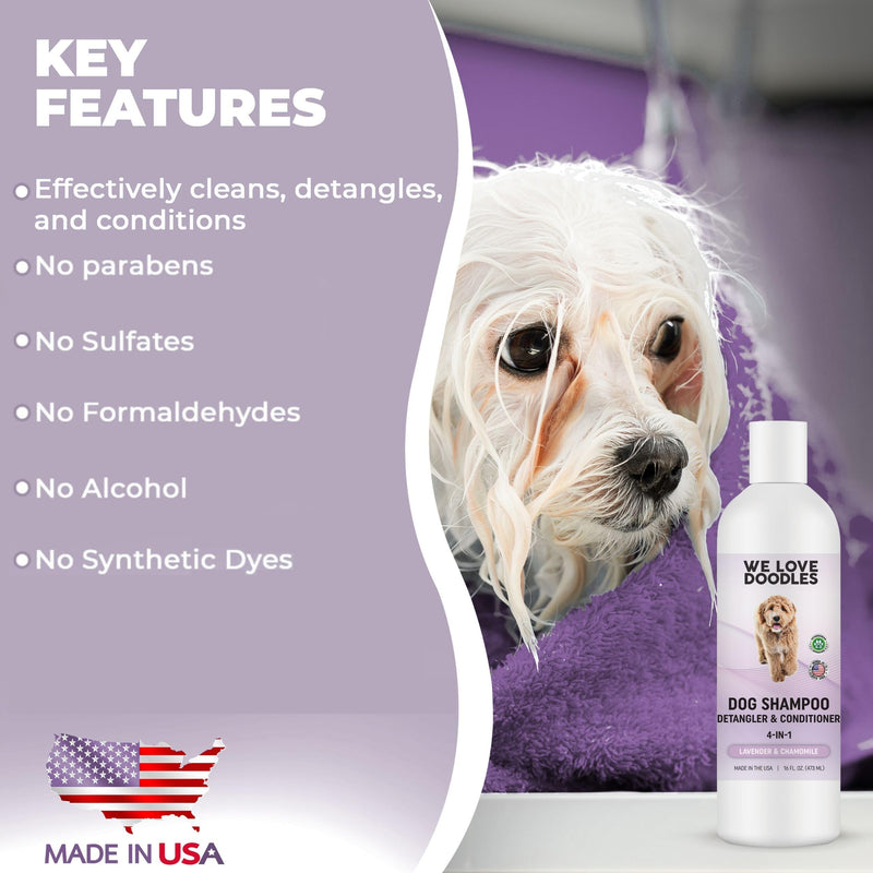 4-in-1 Lavender & Chamomile Dog Shampoo Dog Shampoo, Conditioner & Detangler - Best Shampoo for Goldendoodles, Poodles & Doodles - for Matted Pet Hair - Made in The USA, 16OZ [Non-Organic] - BeesActive Australia