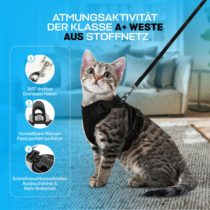 Adjustable Cat Leash + Harness - Soft, Safe and Breathable Material for Cats, Black (XS)