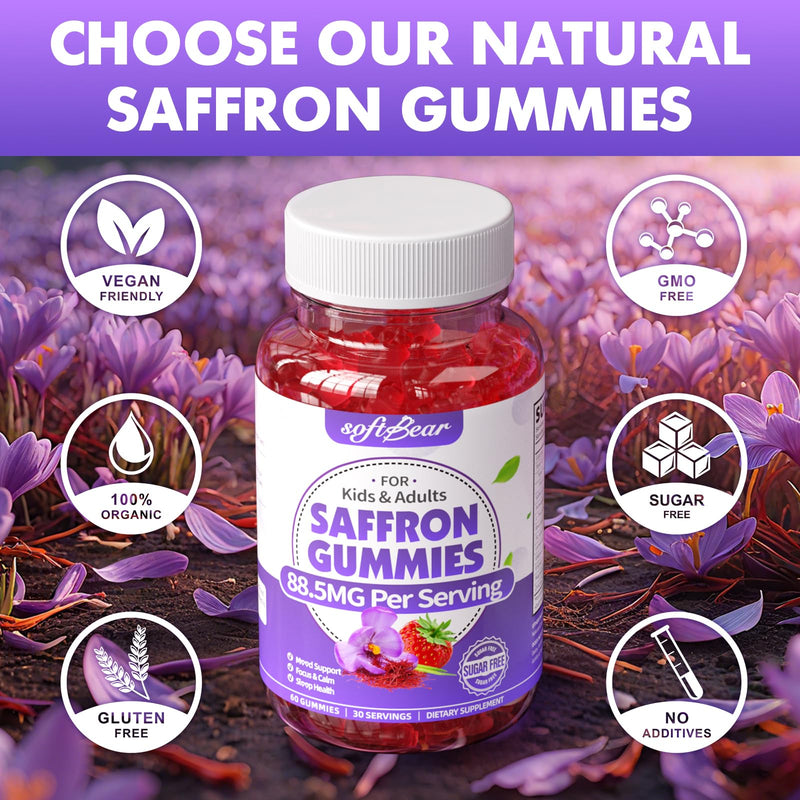 softbear Saffron Gummies for Kids & Adults, 10-in-1 Organic Saffron Supplements with 88.5mg Saffron Extract Support Calm Mind & Focus & Zzz, Sugar Free/Non-GMO, Strawberry Flavor 60 Count 60 Count (Pack of 1)