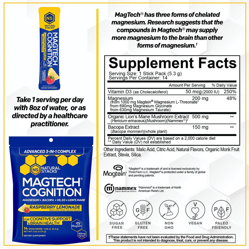 MagTech Magnesium Cognition Powder with Lions Mane Mushroom, 14 Servings | Sugar Free Focus Supplement for Adults - Magtein L-Threonate, Glycinate & Taurate Magnesium Complex - Natural Stacks Cognition (Raspberry Lemonade)