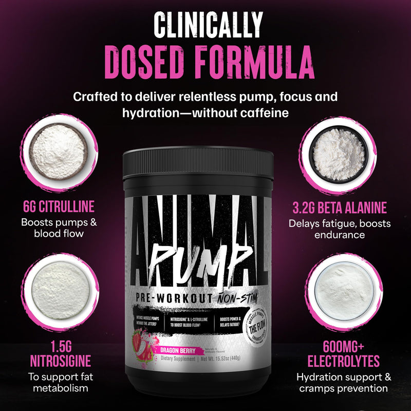 Animal Pump NS Stim-Free Pre-Workout – 6g L-Citrulline + 1.5g Nitrosigine for Pumps, Beta-Alanine & Electrolytes for Endurance, Caffeine-Free Focus, Men & Women – Dragon Berry, 20 Servings