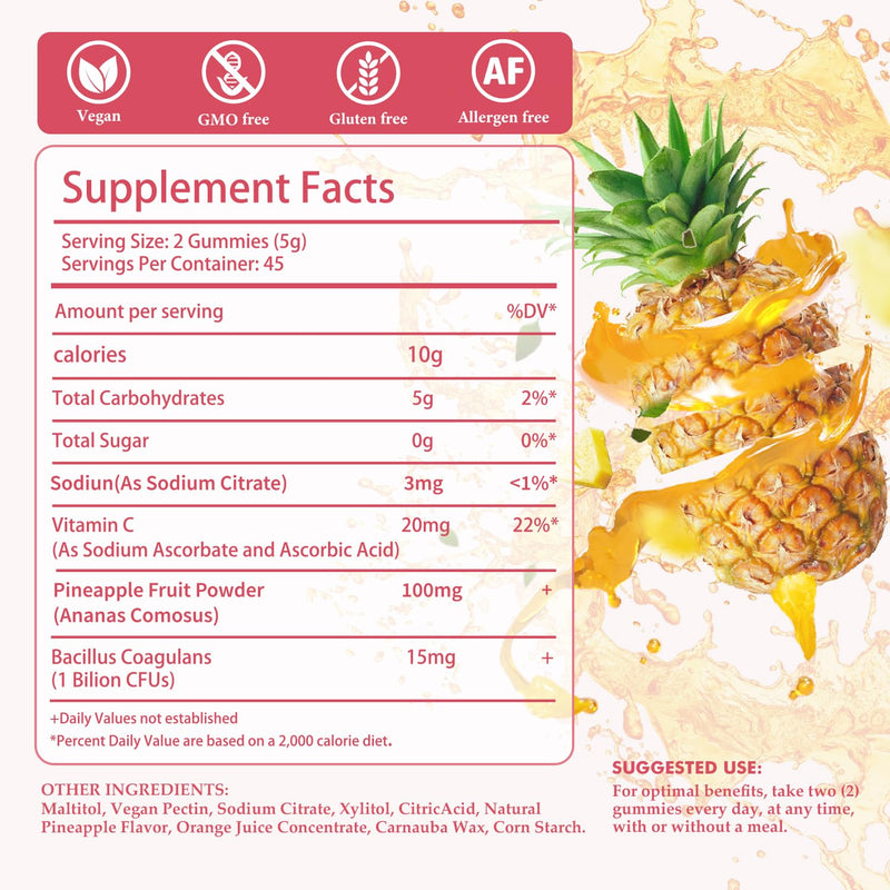Pineapple Gummies for Women pH - Feminine Balance Gummies for Flora and Vaginal Health + Vitamin C for Immune Support, Probiotics Women's pH Balance Gummy Nutrition Vegan Friendly, 90 Counts