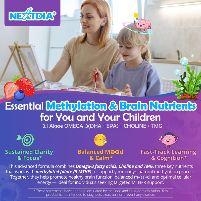 L-Methylfolate 1000mcg Methyl B12 Gummies, Omega-3 for Kids & Adults, 120Ct | Methylated Active 5-MTHF + Methyl B12, Choline TMG B6, DHA:EPA=3:1, Supports MTHFR Gene, Brain Energy Methylation, Sugar Free 60 Count (Pack of 2)