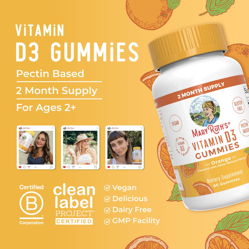 MARYRUTH'S Vitamin D3 Gummies, Adults & Kids Vitamin D, 60 Servings, Vegan | 2 Month Supply, Immune Support Supplement, 1000IU for Bone Health & Muscle Function, Vegan, Non-GMO, Gluten Free, 60 Count Non-Organic