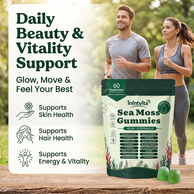 Sea Moss Gummies 16-in-1 with Ashwagandha, Black Seed Oil, Ginger, Turmeric, Manuka Honey, Black Pepper, Moringa, Elderberry–Daily Wellness & Immune Support–Apple Flavor, 60 Gummies