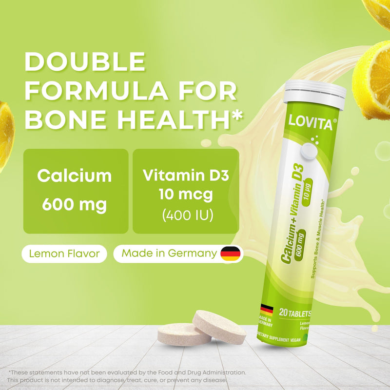 LOVITA Calcium + Vitamin D3 Effervescent Tablets, 20 Count, Pack of 6 | Six-Tube Value Pack, 600 mg Calcium & 400 IU Vitamin D3 for Bone & Muscle Support, Lemon Flavor, Vegan, Sugar-Free 20 Count (Pack of 6)