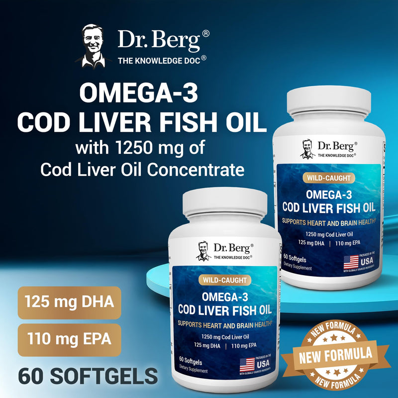 Dr. Berg Maximum Strength Omega-3 Cod Liver Fish Oil (1250 mg) from Wild-Caught Cod - Lemon-Flavored Omega-3 Fish Oil for Women & Men - EPA DHA Supplement ‚Äì 60 Softgels
