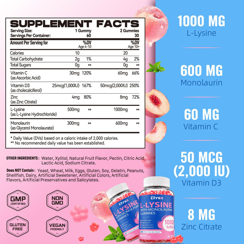 L-Lysine Gummies 1000mg, Sugar-Free Chewable Lysine with Monolaurin Supplement for Adults & Kids, Lips & Oral Health, Immune & Overall Health, Natural Peach Flavor, 60 Count 1 Count (Pack of 60)
