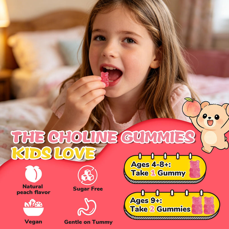 (2 Pack) Choline Supplements Gummies with Omega 3(DHA+EPA),Phosphatidylserine for Kids & Teens 4+ with Vitamin D3,B6 & B12 for Brain Health, Focus, Immune Support, Sugar-Free, Vegan - 120 Count 60 Count (Pack of 2)