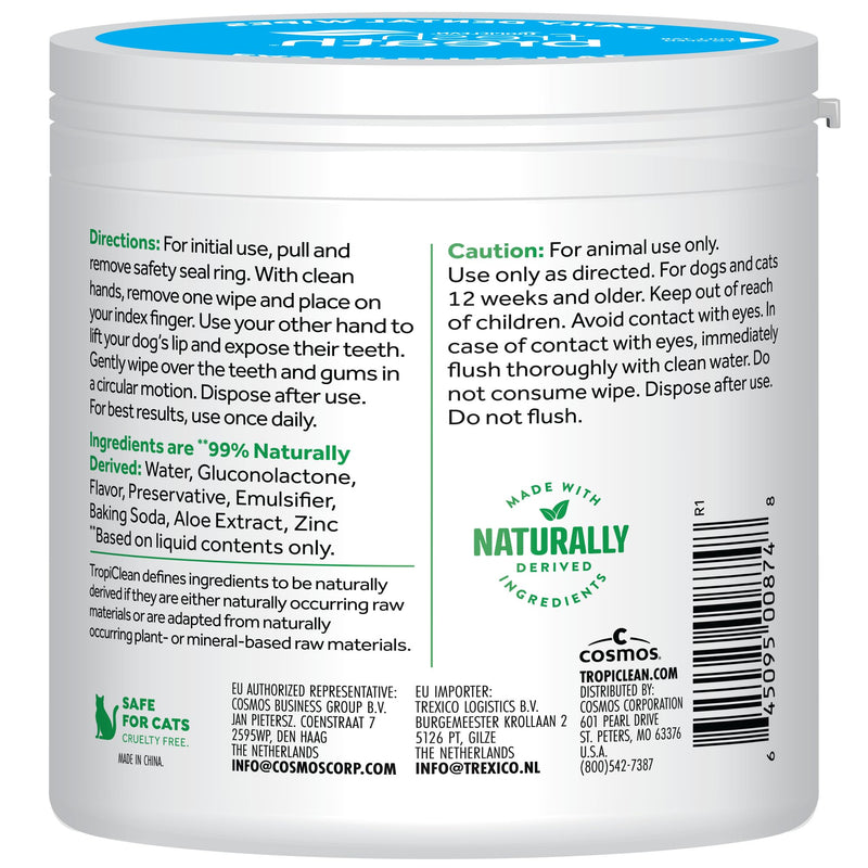 TropiClean Fresh Breath Dog Teeth Cleaning Dental Wipes, Finger Wipes for Plaque & Tartar Removal + Baking Soda, Easy to Use Dog Dental Care, 50ct