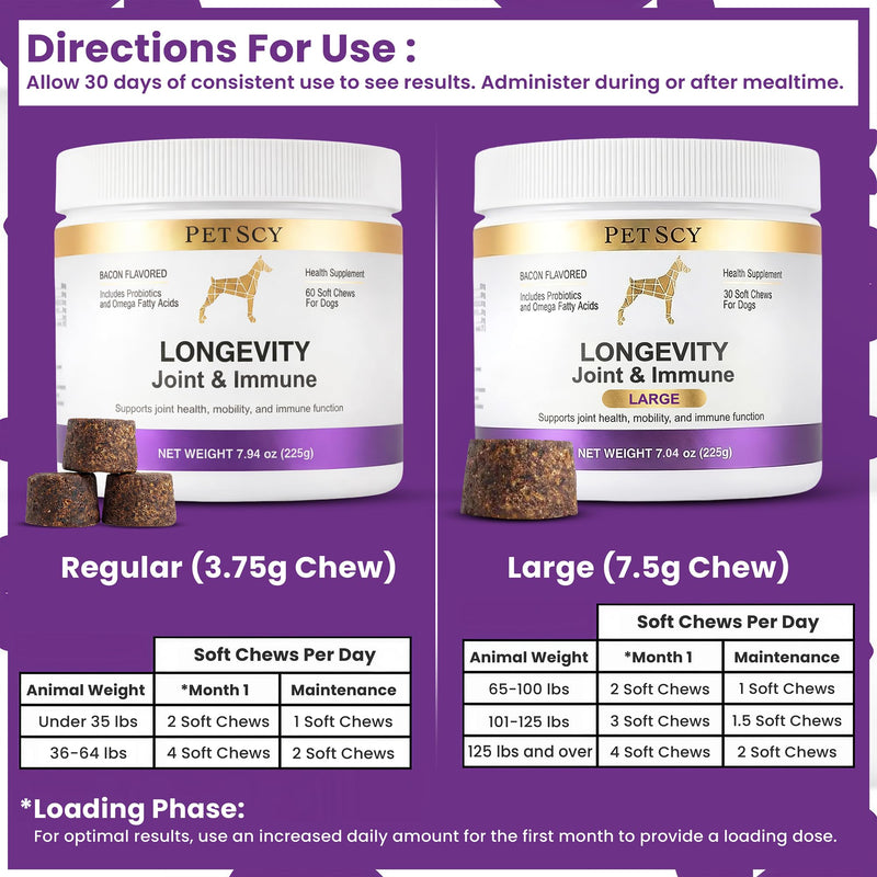 Petscy Longevity Hip & Joint + Immune Support Chews for Dogs - 3.75g Chew - High Dose Glucosamine, MSM, Chondroitin, Green Lipped Mussel, Omega 3, Probiotics - 60 Chews (Small & Medium Dogs) Small / Medium Dogs (0–64 lbs)