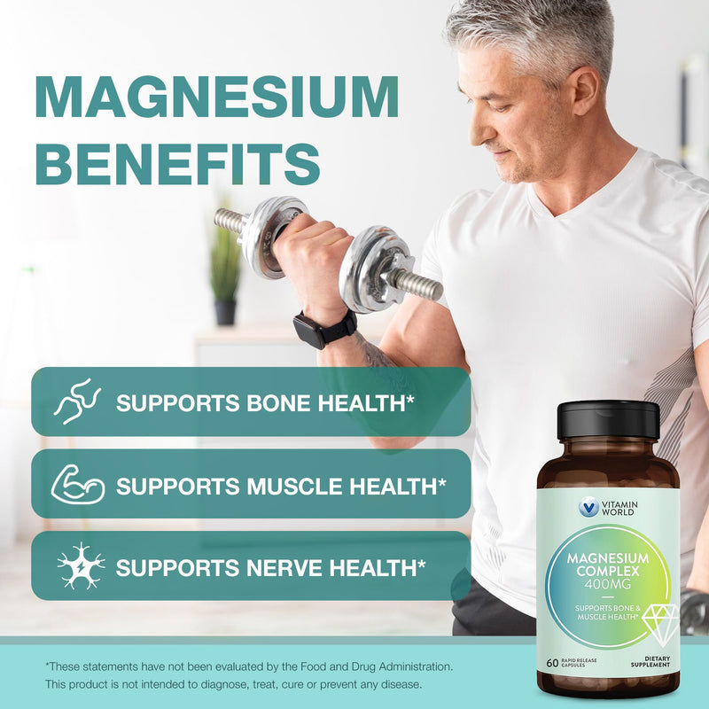 Vitamin World Magnesium Complex 400mg, 60 Capsules | Magnesium Citrate, Oxide & Aspartate for Bone, Muscle & Nerve Support, Optimal Absorption 3-in-1 Magnesium Supplement