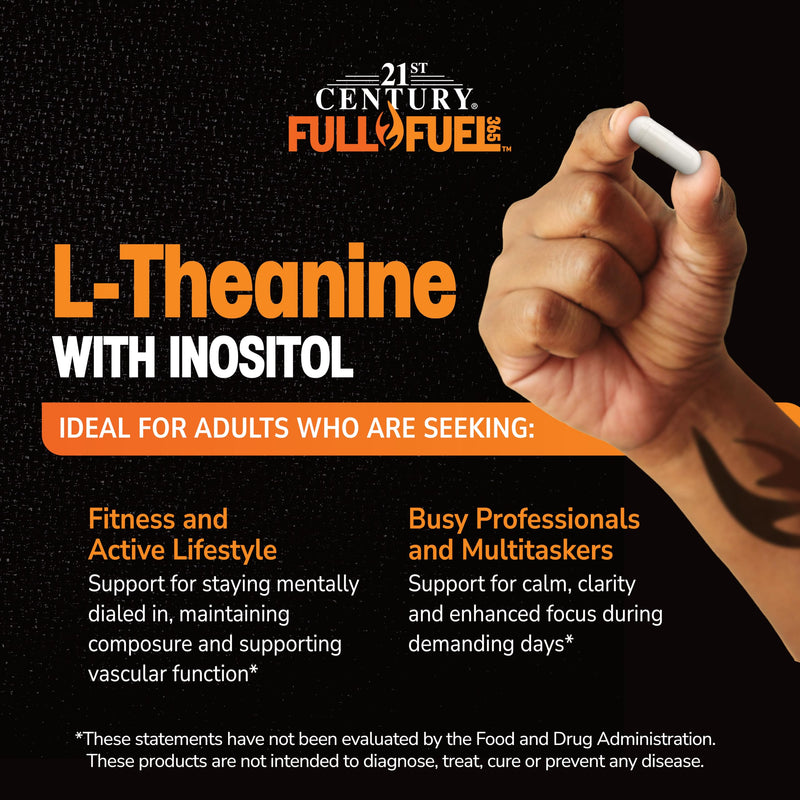 21st Century L-Theanine 200mg with Inositol, 120 Vegan Capsules, Calm Focus | 200mg L-Theanine + 100mg Inositol. Supports calm focus & a healthy stress response. Non-GMO, gluten free, vegan caps